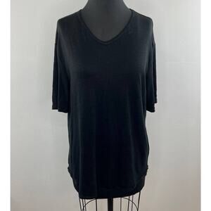 VINCE Black Rounded V-Neckline Short Sleeve Pullover Knit Linen Top Size Large L